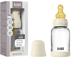 Bibs SEILINTUKAI - stiklinis kūdikių buteliukas, apvalus, lateksinis, lėto srauto - dramblio kaulo spalvos - 120 ml