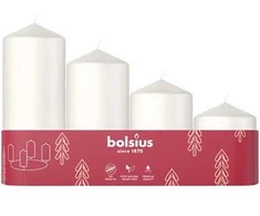 Cilindrinių žvakių rinkinys BOLSIUS, baltos sp., įvairių dydžių, 4 vnt