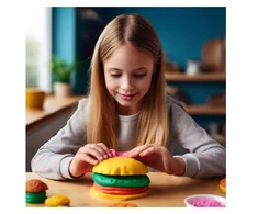 click4TOYS 6 TEŠLOS VIENETŲ RINKINYS + VAIKŲ PLASTIKOS PASTOS HAMBURGERIŲ MAŠINAS