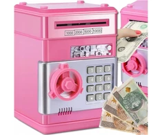 Coil SKARBONKA SEJF BANKOMAT DLA DZIECI NA KOD DOSTĘPU MONETY BANKNOTY RÓŻOWA