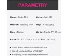 Cyclami Dętka rowerowa TPU Gravel 29" (32/47-622) Presta 45mm 46g