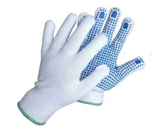 Darbo pirštinės, megztos, su mėlynais PVC taškais iš vienos pusės 3011, baltos spl., 10 dydžio