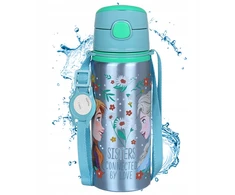 Gertuvė Disney Ledynmetis Anna Elsa Aliuminio TERMINIS BUTELIS, su kandikliu, VANDENS BIDONAS su dirželiu per petį, mergaitėms 600ml
