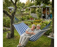 Dviejų asmenų sodo hamakas, mėlynos ir baltos juostelės, 200x150 ir užvalkalas 200 kg