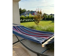 Dviejų asmenų sodo hamakas su skersiniu, 220×160 cm, didelis sodo baras, virvė