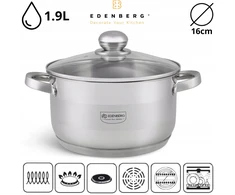 Edenberg NERŪDIJANČIO PLIENO PUODAS SU dangteliu, MATAVIMO MATAVIMAS, DUJOS, INDUKTINIS, 16cm, 1,9L