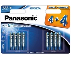 Elementai PANASONIC EVOLTA ALKLINE AAA, 1,5V, 24A, LR03, 8 vnt. (4+4)