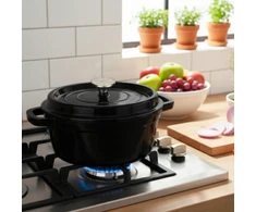 Emaliuotas ketaus puodas su dangčiu HAGE 4L 24 cm juoda indukcinė orkaitė