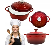 Emaliuotas ketaus PUODAS su dangteliu HAGE 4L 24 cm raudonas indukcinis grilis