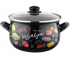 Emaliuotas puodas, pleszew, 18 cm, 3 l, virtuvė sriubai virti, juodas dekoras