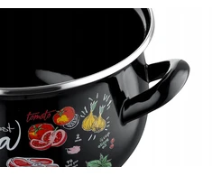 Emaliuotas puodas, pleszew, 18 cm, 3 l, virtuvė sriubai virti, juodas dekoras