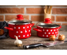Emaliuotas puodas su dangteliu Žemas 14cm 1L I Metalac Dots On Raudona