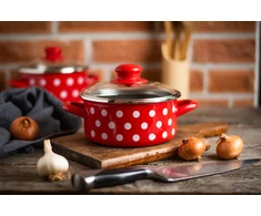 Emaliuotas puodas su dangteliu Žemas 14cm 1L I Metalac Dots On Raudona