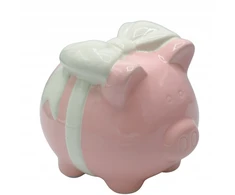 Ewax SKARBONKA CERAMICZNA ŚWINKA Z KOKARDĄ RÓŻOWA MEGA Didelė 19 cm aukštis x 22 cm