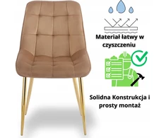 Ewygodnie Aksominė kapučino kėdė su auksinėmis dygsniuotomis kojomis tamsiai smėlio spalvos žavingam stalui
