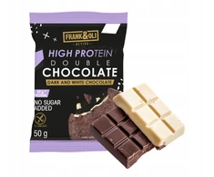 FRANK&amp;OLI dvigubas šokoladinis baltyminis pyragas, TAMSIUS ir BALTASIS ŠOKOLADAS 50g
