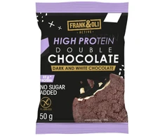 FRANK&amp;OLI dvigubas šokoladinis baltyminis pyragas, TAMSIUS ir BALTASIS ŠOKOLADAS 50g
