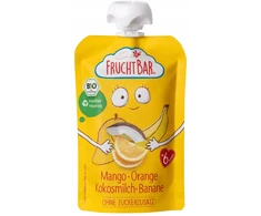 FRUCHTBAR MANGO Apelsinų putėsiai KOKOSŲ PIENAS BANANAI BIO P6 m+ 100g