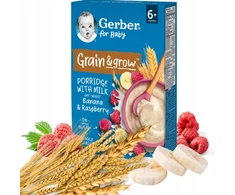 Gerber Grain Grow Milk Kviečių ir avižų košė Bananų ir aviečių 200 g 6m+