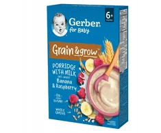 Gerber Grain Grow Milk Kviečių ir avižų košė Bananų ir aviečių 200 g 6m+