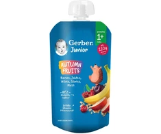 Gerber Junior Autumn Fruits Desertinis bananinis obuolių vyšnių slyvų muslis 110 g