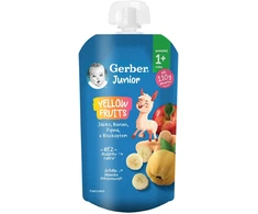 Gerber Junior Geltona Fruits Obuolių, bananų, svarainių desertas su biskvitu 110 g