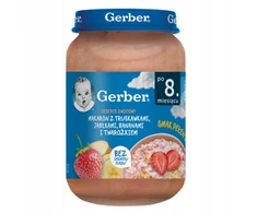 Gerber Makaronai su braškėmis, obuoliais, bananais ir varške 190g