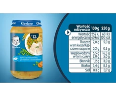 Gerber vakarienė vaikams Žuvis su morkomis, žirneliais ir kukuliais 12 m+ 250 g