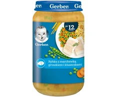 Gerber vakarienė vaikams Žuvis su morkomis, žirneliais ir kukuliais 12 m+ 250 g