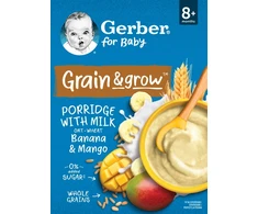 GERBERAS PILNAS GRŪDŲ Bananų-mangų pieno košė po 8 mėnesių 200g