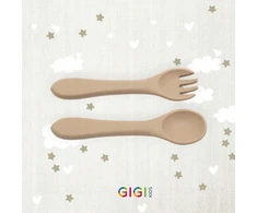 Gigi Kids Silikoniniai stalo įrankiai vaikams, mokantis valgyti, maitinti kūdikius, smėlio spalvos