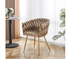 Mivihome Glamūrinė aksominė kėdė valgomajam, auksinės kojos, pintas atlošas, ROSA kava