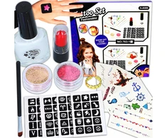 GLITTER tatuiruotės VAIKAMS RINKINYS PLAUNAMI ŠABLONAI DIY GLITTER GLUE