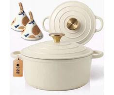 HAGE 3L emaliuotas ketaus PUODAS SU dangteliu, KREMINIS, INDUKCINĖ ORKATINĖ, 22cm