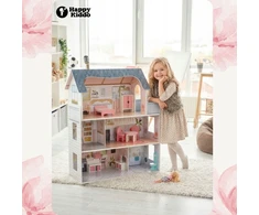 Happy Kiddo Didelis XXL lėlių namelis, mediniai baldai, terasa, LED apšvietimas, 3 aukštai