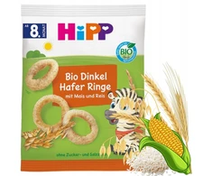 HIPP BIO CHRUPKI KRĄŻKI ORKISZOWO OWSIANE Z RYŻEM I KUKURYDZĄ 8m ZEBRA