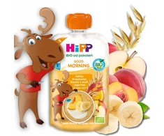 HiPP BIO FRUIT MOUSE obuoliai persikai bananai musli jogurtas 120ml po 1 metų