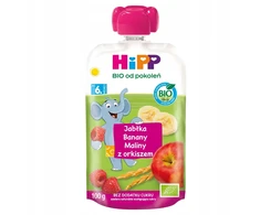 HiPP BIO Mousse obuoliai, bananai, avietės su SPELTA 100g po 6 mėn.