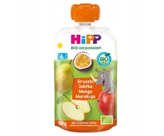 HiPP BIO vaisių tyrė KRIAUŠIŲ OBUOLIŲ MANGO PASSION FRUIT 100g po 6 mėn.