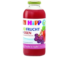 HIPP SULČIŲ VAISIAI SU GELEŽIMIS 6m 500ml VYNUOGŲ OBUOLIAI BE CUKRAUS