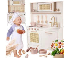 Ikonka VAIKŲ VIRTUVĖ MEDINĖ RETRO BOHO 2in1 INDAI PRIEDAI DIDELIS XXL