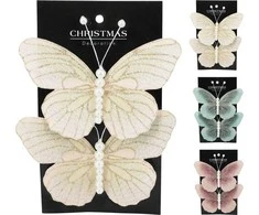 Įsegama kalėdinė dekoracija BUTTERFLY, 3 spalvos, 10 cm, 2 vnt