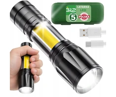 Karinis LED ZOOM taktinis žibintuvėlis, stiprus, įkraunamas, daugiafunkcis USB