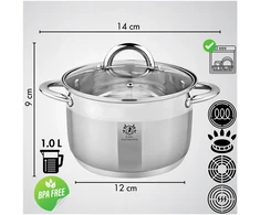 Karl Hausmann INDUKCINĖS DUJINĖS 1,3L 14cm nerūdijančio plieno indukcinis PUODAS SU DANGČIAIS