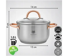 Karl Hausmann INDUKCINĖS DUJINĖS NERŪDIJANTOJO PLIENO 1,3L 14cm SU DANČIU AUKSO PUODAIS