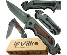VILKS KNIFE Sulankstomas kišeninis peilis SURVIVAL Daugiafunkcis taktinis PLIENAS + MEDIENA SHARP