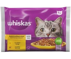 Konservuotas ėdalas katėms WHISKAS, su vištiena ir kalakutiena, 4 x 85 g