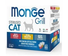 Monge Grilis konservuotas pašaras sterilizuotoms katėms mix su vištiena/veršiena/upėtakiu 85g x12