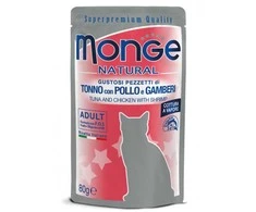 Monge Natural konservai pašaras suaugusioms katėms tuno ir vištienos kąsneliai su krevetėmis želėje 80g