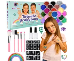 KREOleo GLITTER TATTUOS DIDELIS TATUiruočių rinkinys, PLAUNAMI ŠABLONAI, GLITTER